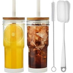 ALINK Glasbecher mit Bambusdeckel und Strohhalmen, 680 ml, Einmachglas, wiederverwendbare Boba-Tassen, Eiskaffee Trinkgläser für Bubble Tee, Smūtiji, Saft - 2 Reinigungsbürsten (Weiß, 2)