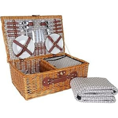 Mendler HWC-B25AM Picnic Basket Set for 4 People, Wicker Basket + Cooler Compartment + Picnic Blanket, Porcelain Stainless Steel, Beige