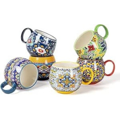 HENXFEN LEAD kapučīno krūzīšu komplekts, 600 ml porcelāna kafijas krūzes ar rokturi, 6 porcelāna krūzes tējai, kafijai, pienam, kapučīno ar rakstu un krāsains - bohēmisks stils