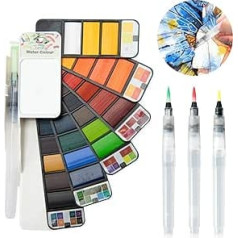 Fuumuui Portable Outdoor Travel Solid Watercolour Paint Set 33 Paints with Water Brush for Artists Students for Drawing Painting Set of 4