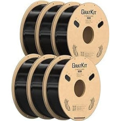 GratKit PETG kvēldiegs 1,75 mm, -0,03 mm, 3D printera pavediens PETG, 6 kg spole, 3D drukas pavediens PETG, 6 iepakojumi, 6 x 1 kg, melns