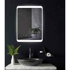 Hoko® Köln LED Bathroom Mirror, 50 x 70 cm, with Anti-Fog, Digital Clock, Designer Wall Bathroom Mirror, with Touch Switch & Wall Switch Operation