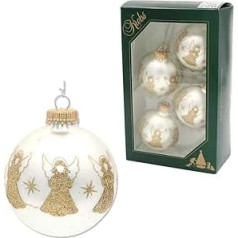 Dekohelden24 Lauschaer Christmas Tree Decorations - Set of 4 Glass Baubles in White/Silver, Hand Decorated with Glitter - Angels with Gold Crowns, Diameter Approx. 7 cm