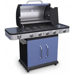 BBQ Chief Gas Barbecue Ocean - 4 Burners Made of Stainless Steel with Side Burner, Lid, Thermometer, Wheels, for Camping/Balcony/Garden, 13.3 kW, Cast Iron Cooking Grate, Blue - Grill, Grill Trolley,