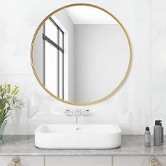 MEESALISA Lisa Round Bathroom Mirror without Lighting F70 cm Wall Mirror with Matt Gold Metal Frame Mirror Round Decorative Mirror Golden Edge 70 x 70 cm