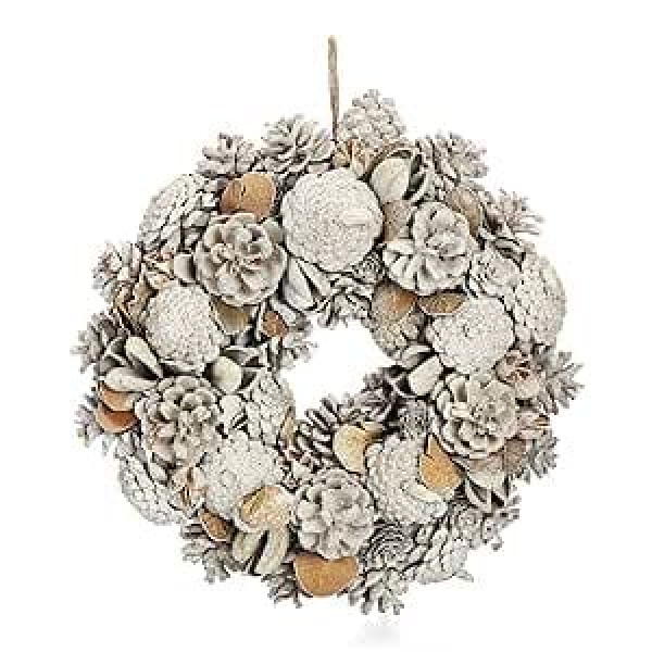 com-four® Door and Table Wreath for Christmas, White Advent Wreath with Cones and Leaves, Decorative