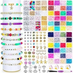 Aolawco 13000 Pieces Clay Beads Bracelet Making Kit, 48 Colors Flat Round Polymer Heishi Beads for Jewellery Making, Letter Beads for Bracelet Necklace DIY Crafts for Girls