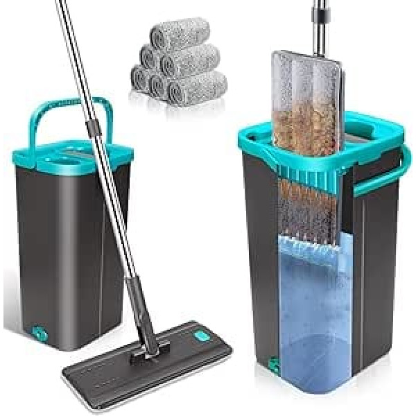 HEVOL Flat Mop with Bucket, 140 cm Floor Mop Set with 6 Microfibre Mop Pads and Stainless Steel Handle, Mop with Wring Function for Floor Cleaning, Wet and Dry Use, Grey