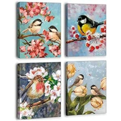 KAIRNE 4 Birds Art Prints Birds Wall Art Canvas Prints for Living Room Flowers and Birds Picture Painting (8x10 Inch) Modern Spring Wall Artwork Framed for Bedroom Bathroom