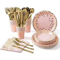 141-Piece Rose Gold Party Tableware, Paper Cups, Paper Plates Set, Reusable Paper Tableware Set Including Tablecloth, Plates, Cups, Napkins for Birthday, Weddings, Anniversaries, 20 Guests