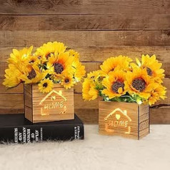 AceList Pack of 2 Sunflowers Artificial Plant, Artificial Flowers Real with LED Lights in Wooden Box, Artificial Plants Flowers Decoration in Pot, for Bedroom, Living Room, Table Decoration, in Yellow