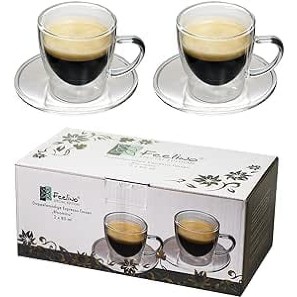 Feelino espresso tase stikla dubultsienu, espresso glāžu komplekts pa 2, stikla espresso tases ar apakštasīti, 80 ml dubultsienu glāzes, espresso tases caurspīdīgas, trauku mazgājamajā mašīnā drošas kafijas glāzes