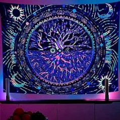 OSVINO melns gaišs dzīvības koka gobelēns 150 x 200 cm Tumsā mirdzošs piekārts pie sienas Krāsaina estētika Sun Moon Galaxy Trippy gobelēns guļamistabai dzīvojamās istabas kopmītnē