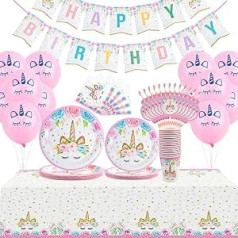 above zero Pack of 92 Unicorn Birthday Decoration, Unicorn Children's Birthday Cutlery Set for 16 Guests, Party Tableware Includes Plates, Cups, Napkins, Straws, Perfect for Children's Birthday Party