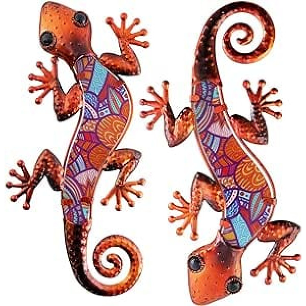 HONGLAND Pack of 2 Metal Gecko Sienas Dekorācijas Ķirzaka Dārza Mākslas Krāsa Piekārta Stikla skulptūra iekštelpu āra terases žogam (sarkans)