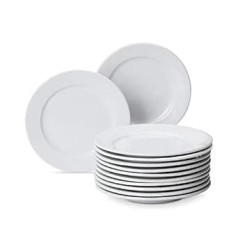 AmazonCommercial 12 daļiņu porcelāna šķīvju komplekts ar platām malām, 19,05 cm, balts