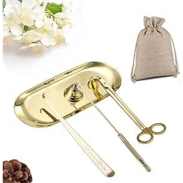 QeeHeng Candle Snuffer, Wick Cutter with Tray, 4-in-1, Candle Accessory Set, Candle Care Tool, Candle Fire Stopper, Candle Cutter Set, Candle Snuffer, Stainless Steel (Gold)