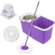 Neez Mop and Bucket Set, Self-wringing 2 Microfiber Mop Heads, 360° Magic Spin Floor Cleaning System with Stainless Steel Handle