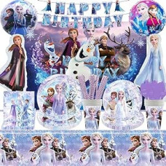 NOVBAON Frozen Birthday Party Supplies Svinību galda piederumu komplekts, Annas un Elzas dzimšanas dienas dekorācijas balons, dzimšanas dienas dekors Ledus karalienes meiteņu ballīšu galda piederumu komplekts Šķīvji Krūzes Salvetes Galdauts 57 