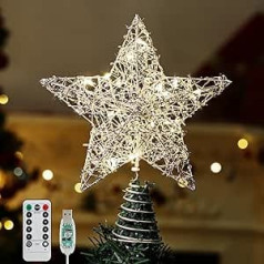 Roylvan Christmas Star, Tree Topper Star with 8 Lighting Modes, USB Christmas Tree Topper with Timer and 20 LED Beads, Christmas Decoration, Illuminated Metal Star for Christmas Tree, Christmas,