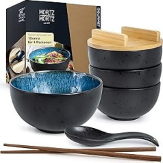 Moritz & Moritz Solid komplekts ar 4 Ramen Blue Reactive, ieskaitot vāku un karoti, melns Ramen bļodas komplekts 4 personām, zupai, Pho un suši bļodiņai