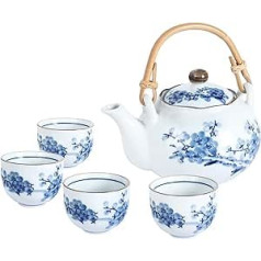 fanquare japāņu zilā un baltā porcelāna tējas komplekts, plūmju ziedu raksta tējas komplekts, keramikas tējkanna ar rotangpalmas rokturi un 4 krūzes