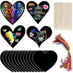 KMUYSL Valentīndienas rotājumi — Scratch Art Rainbow Scratch Paper ornamenti sirds formā, piekarināmas etiķetes — 28 gabali dāvanu birkas piekarināmi ornamenti + 28 gabali koka pildspalvas