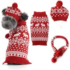 SKXEO Christmas Pet Costume Hat Scarf Sweater Set for Puppy Cat Christmas Reindeer Knitted Snowflake Winter Warm Clothes for Small Dogs Cats