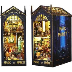 CUTROOM grāmatu kaktiņu komplekts ar LED gaismām, Magic Market DIY miniatūras leļļu mājas komplekts, 3D koka puzles grāmatplaukta rotājums