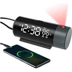 FanJu digitālais projekcijas modinātājs ar temperatūras un laika projekciju, guļamistabai, ar USB portu, automātiska spilgtuma regulēšana, 12/24h, divi modinātāji ar atlikšanu