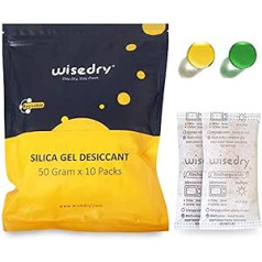 wisedry 50 g [10 iepakojumi] Silikagēla maisiņi Silikagela mikroviļņu krāsnī atjaunojams desikants maisiņš ar indikatoru skapja ieroču seifiem vannas istabas pārtikas kvalitātes