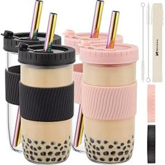 Atkārtoti lietojama Boba Cup Bubble Tea Cup 4 iepakojums, 24 oz platas mutes smūtija krūze ar vāku, silikona uzmavu un leņķveida platiem salmiņiem, dzeramā ūdens pudeli, ceļojumu krūzi lielai krellei