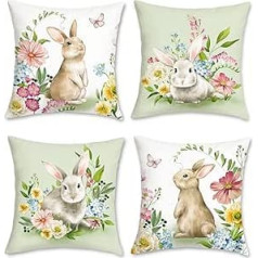 Bonhause 4 spilvenu pārvalku komplekts Spring Rabbit 45 x 45 cm Trušu ziedi Samts Mīksts Dekoratīvs spilvenu pārvalks Zaļš Dekoratīvie spilvenu pārvalki dīvānam Guļamistabai Dzīvojamās istabas dārza mājas dekorēšana