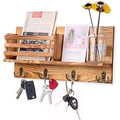 AXABING Key Rack with Shelf, Wall Shelf Wood for Key Holder with 4 Double Key Hooks, Multifunction Key Holder, Entrance Area for Entrance, Hallway, Bedroom, Living Room