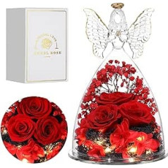 Faneeyo Angel Gifts for Women, Three Preserved Flower Roses in Glass Angel Birthday Gift for Her, Angel Rose Figures Gift for Valentine's Day, Mother's Day, Christmas, Red