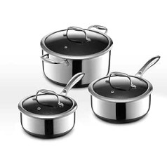 Hexclad Hybrid Nonstick 6-Piece Saucepan Set, 2, 3 and 7.5 Litre Pots with Tempered Glass Lid, Stay-Cool Handles, Dishwasher Safe, Induction