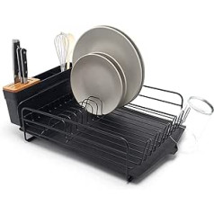 simplywire Premium Dish Drying Rack - Plate Drying Rack with Cutlery Holder and Crumb Tray - Black Powder Coated Steel