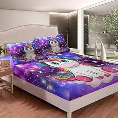 Tbrand bērnu palaga komplekts Cute Unicorn pieguļošs palags 90 x 200 cm Pusaudžiem pieguļošs palags Skaists multfilmas Vienradzis ar mūzikas austiņām Apdrukāts dizains Neslīdošs Galaxy Stars Purple