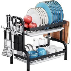 E-MANIS Dish Drainer with 2 Draining Trays, Stainless Steel Dish Drainer Double Layer Sink Organiser, Dish Drainer with Cutlery Rack and Chopping Board Rack