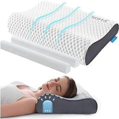 NOFFA Memory Foam Pillow Ortopēdiskais spilvena kakla atbalsta spilvens - vēdera, sānu un muguras guļam, Regulējams augstums, Regulējama cietība 60 x 35 x (12/9, 10/7) cm