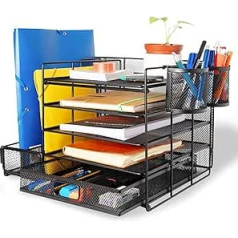 KALMISE Desk Organiser with 5 Shelves, Filing Cabinets, Drawer and Pen Organiser, Office Organiser for Folders, A4 Folials, Notepads & Office Supplies, Storage Compartments Stackable