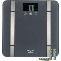 Salter SA00432GFEU6 viedie svari vannas istabai — Bluetooth svari, 200 kg, svars, tauki/ūdens, muskuļu/kaulu masa, ĶMI/BMR, 8 lietotāja atmiņa, savienojuma izveide ar tālruni, izmantojot lietotni Salter Health, pelēks