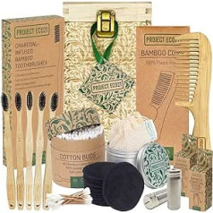 Project Eco21 ECO21 Sustainable Beauty Box: atkārtoti lietojami kokvilnas paliktņi, bambusa zobu birstes, bambusa ķemme un vairāk ilgtspējīgu produktu bezatkritumu koka kastē — ilgtspējīgas dāvanas sievietēm, vegānu dāvana