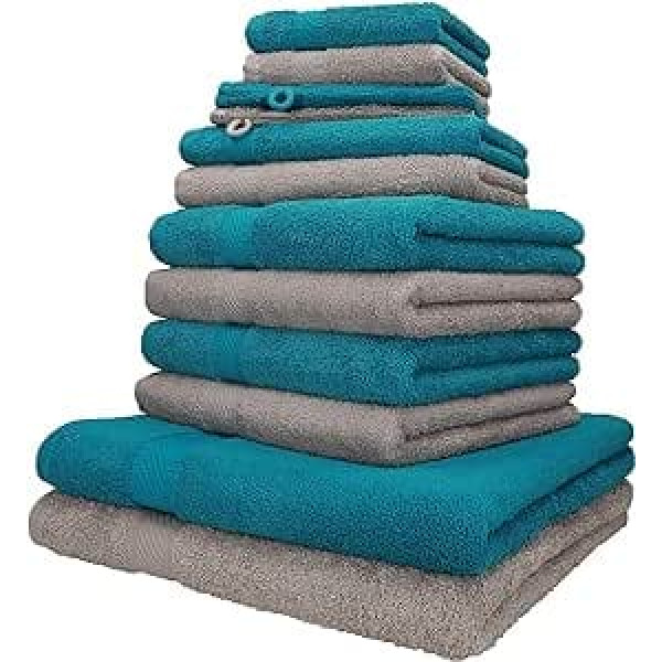 Betz 12-Piece Towel Set, Palermo Hand Towel Set, 100% Cotton, 2 Bath Towels, 4 Hand Towels, 2 Guest Towels, 2 Flannels, 2 Wash Mitts, Colour - Petrol and Stone