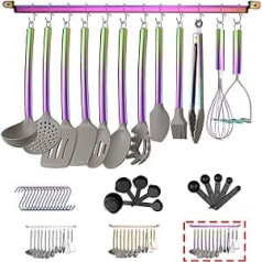38-Piece Silicone Cookware Set with Utensil Rest, Silicone Head and Stainless Steel Rainbow Handle Cookware, Kitchen Utensils (Rainbow)