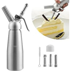 Eulenke 500 ml Cream Dispenser Aluminium with Stainless Steel 3 Decorative Nozzles and Cleaning Brush, Cream Syphon Cream Sprayer, Leak-Proof Cream Siphon for Preparing Whipped Cream, Cream, Mousse,