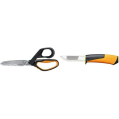 Fiskars PowerArc 1027204 High Performance Scissors Length 21 cm Black/Orange & Heavy Duty Knife Including Holster with Integrated Knife Sharpener Total Length 21.9 cm Black/Orange/Green 1023619