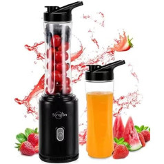 Sangcon Blender Smoothie Maker, Electric Portable Sports Stand Mixer for Shakes and Smoothie, with 2 BPA-Free 600 ml Tritan To Go Bottle + 2 Drinking Caps, 4-Blade Knife, Pulse Button, Black
