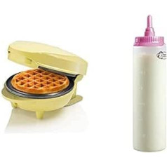 Bestron Mini Waffle Iron, Including Dough Scoop for 700 ml with Scale, Ideal for Filling the Waffle Iron, Colour: Yellow, Dough Bottle: White