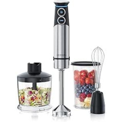 Arendo - Hand Blender Stainless Steel 1500 Watt Set - Purée Stick - Continuous Speed - Turbo Button - 4-Blade Knife - 800 ml Measuring Cup - Whisk